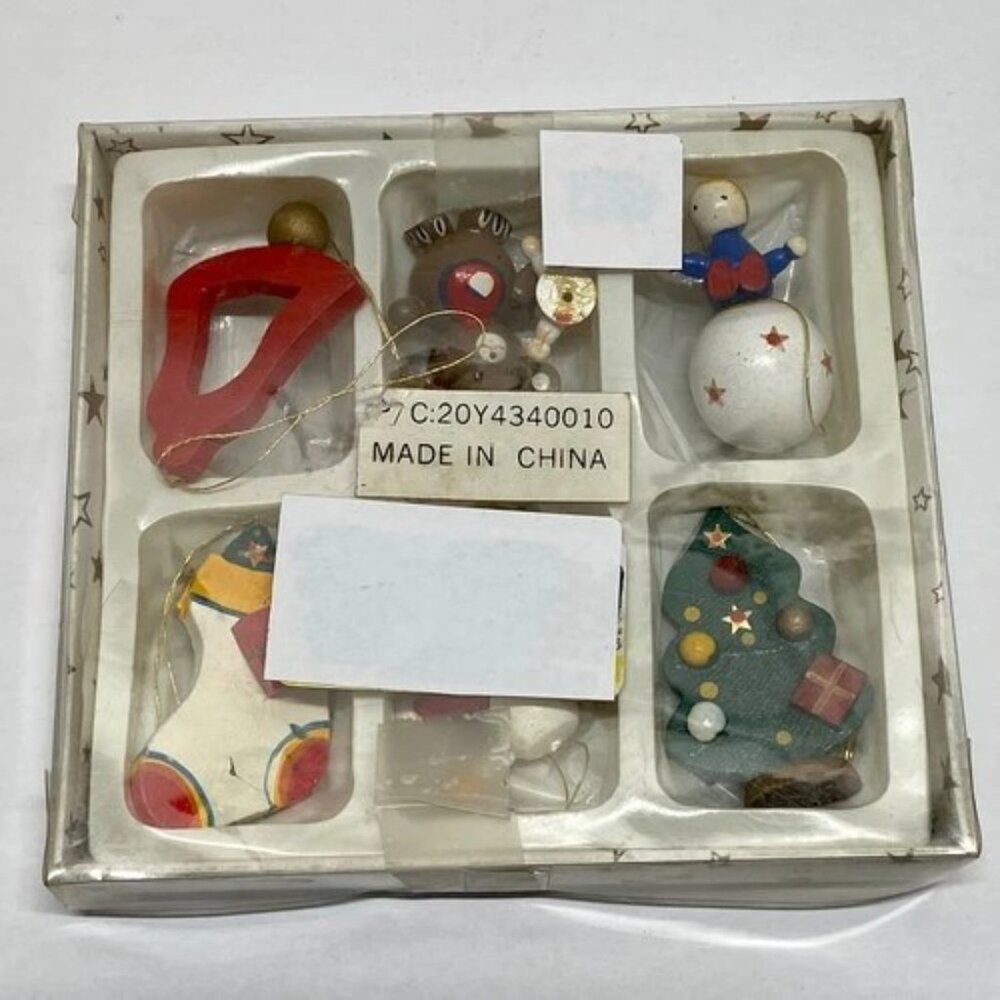 Vintage Christmas Ornaments Mini‎ Wooden Handcrafted Hand Painted GUC 6 Set IOB